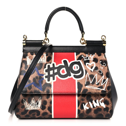 Dolce & Gabbana Dauphine Leopard Graffiti Print Small Miss Sicily Satchel Black 1 of 8
