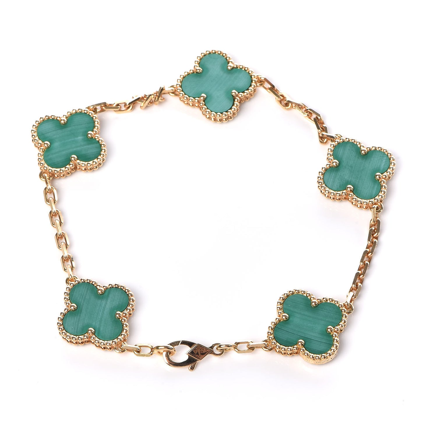 18K Yellow Gold Malachite 5 Motifs Vintage Alhambra Bracelet