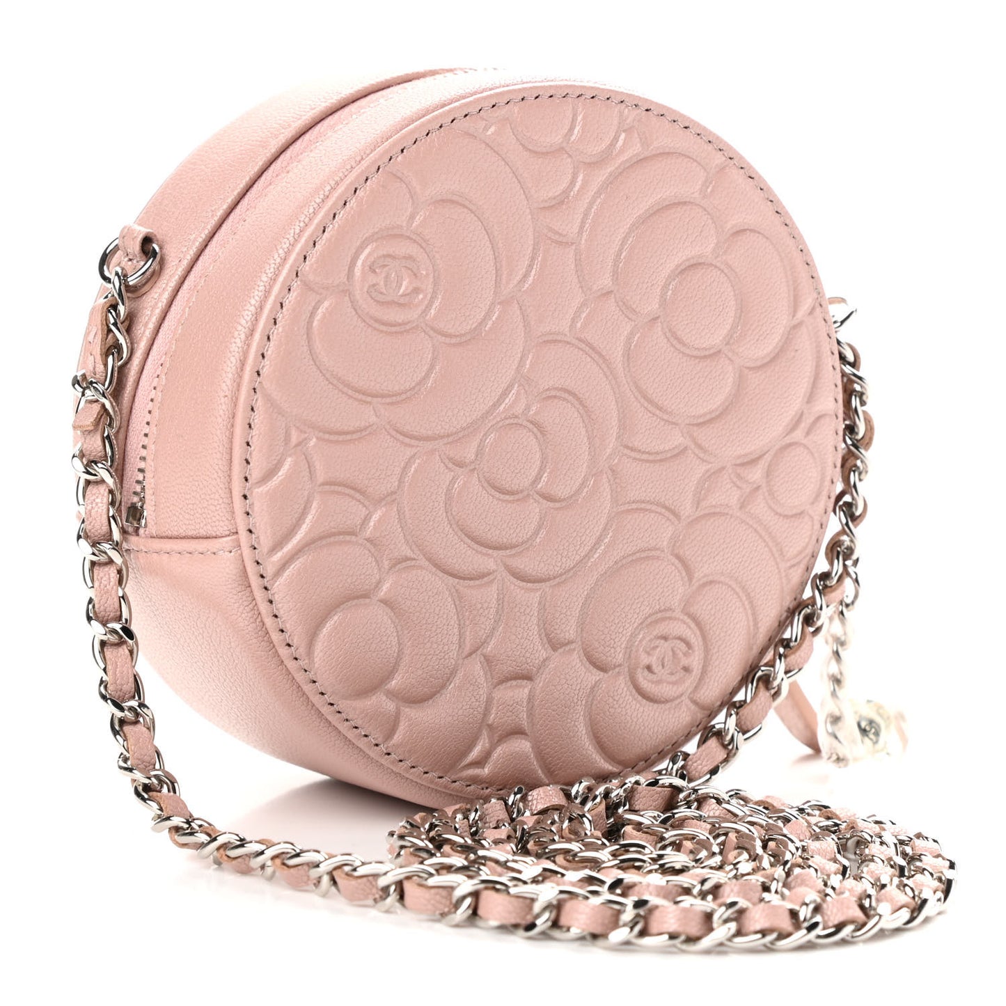 Goatskin Camellia Quilted Round Clutch With Chain Light Pink