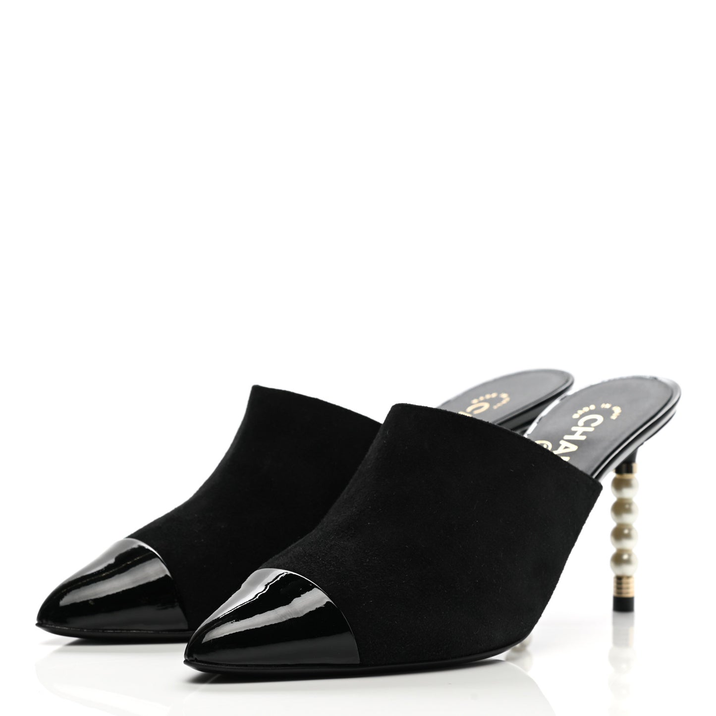 Suede Patent Calfskin Cap Toe Pearl Mule 38 Black