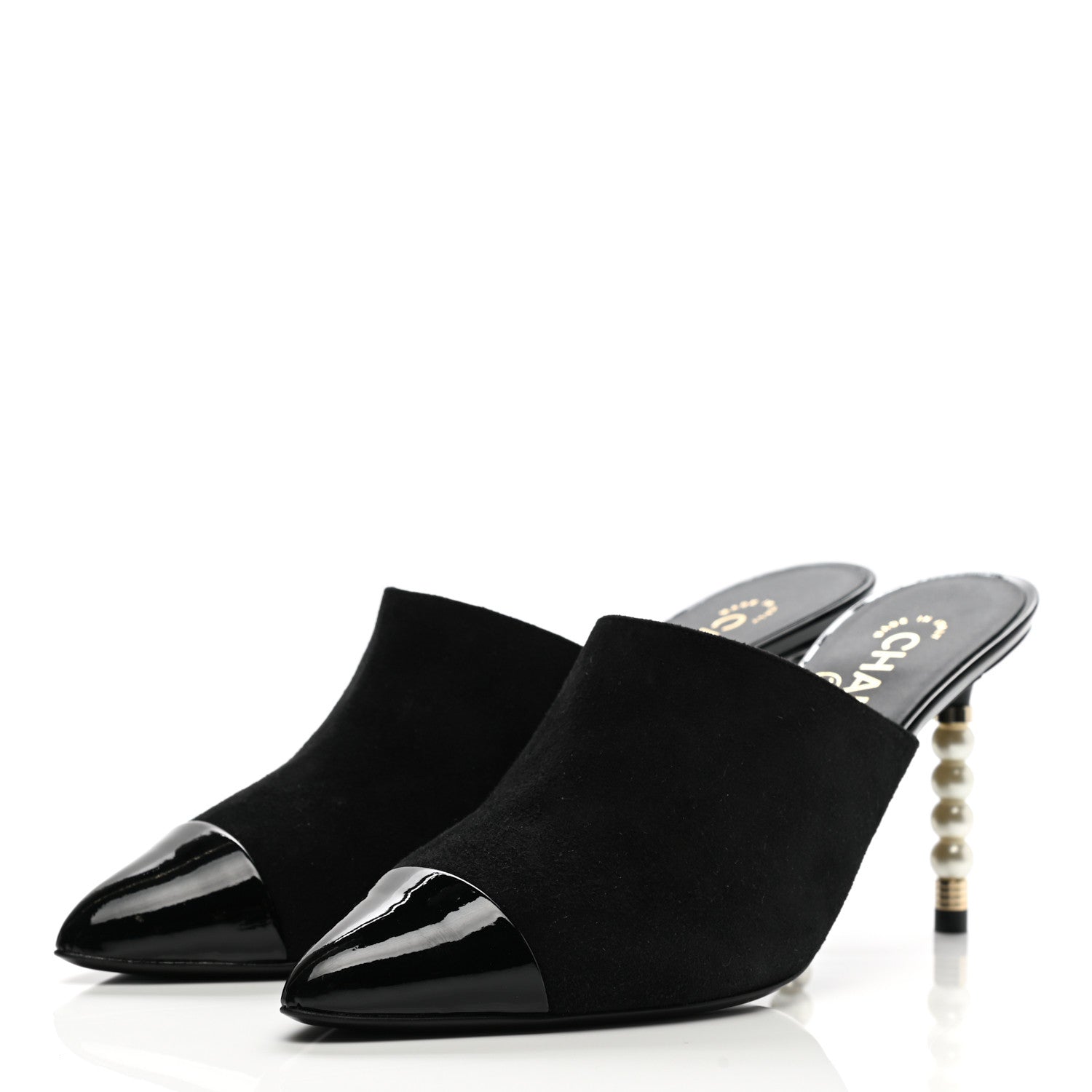 Chanel Suede Patent Calfskin Cap Toe Pearl Mule 38 Black 3 of 9