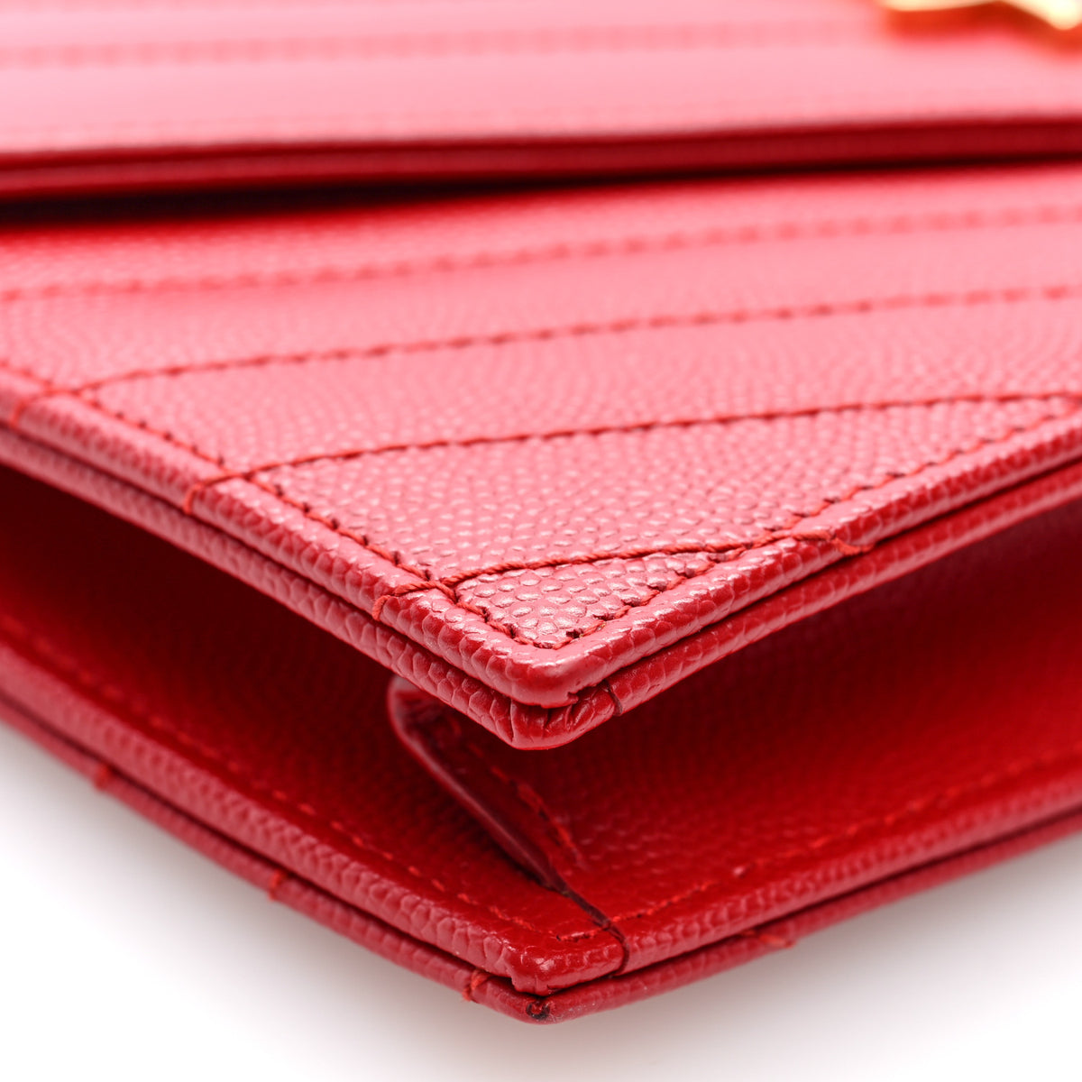 Grain De Poudre Matelasse Chevron Monogram Envelope Chain Wallet New Red