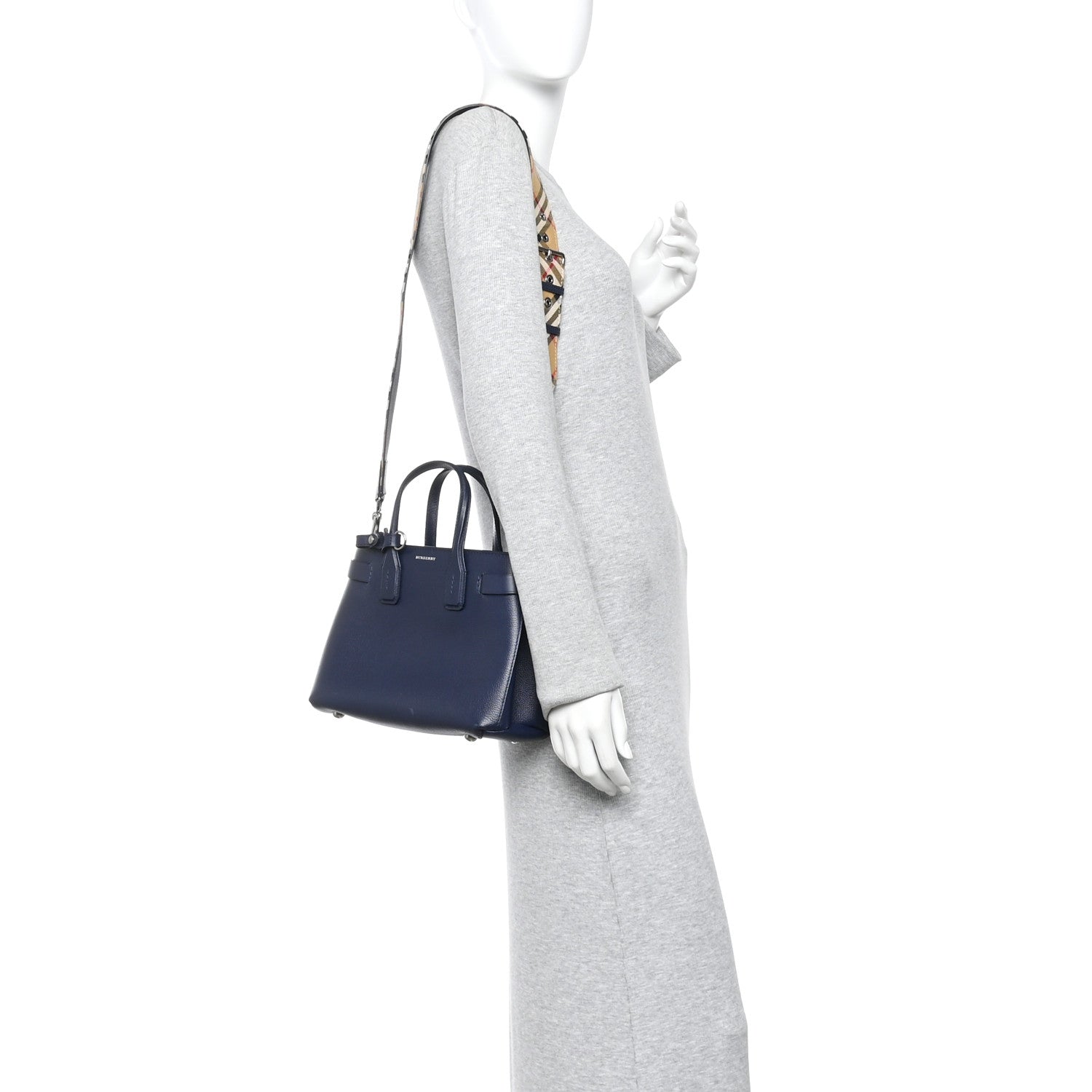Burberry Grainy Calfskin House Check Small Banner Tote Ink Blue 2 of 11