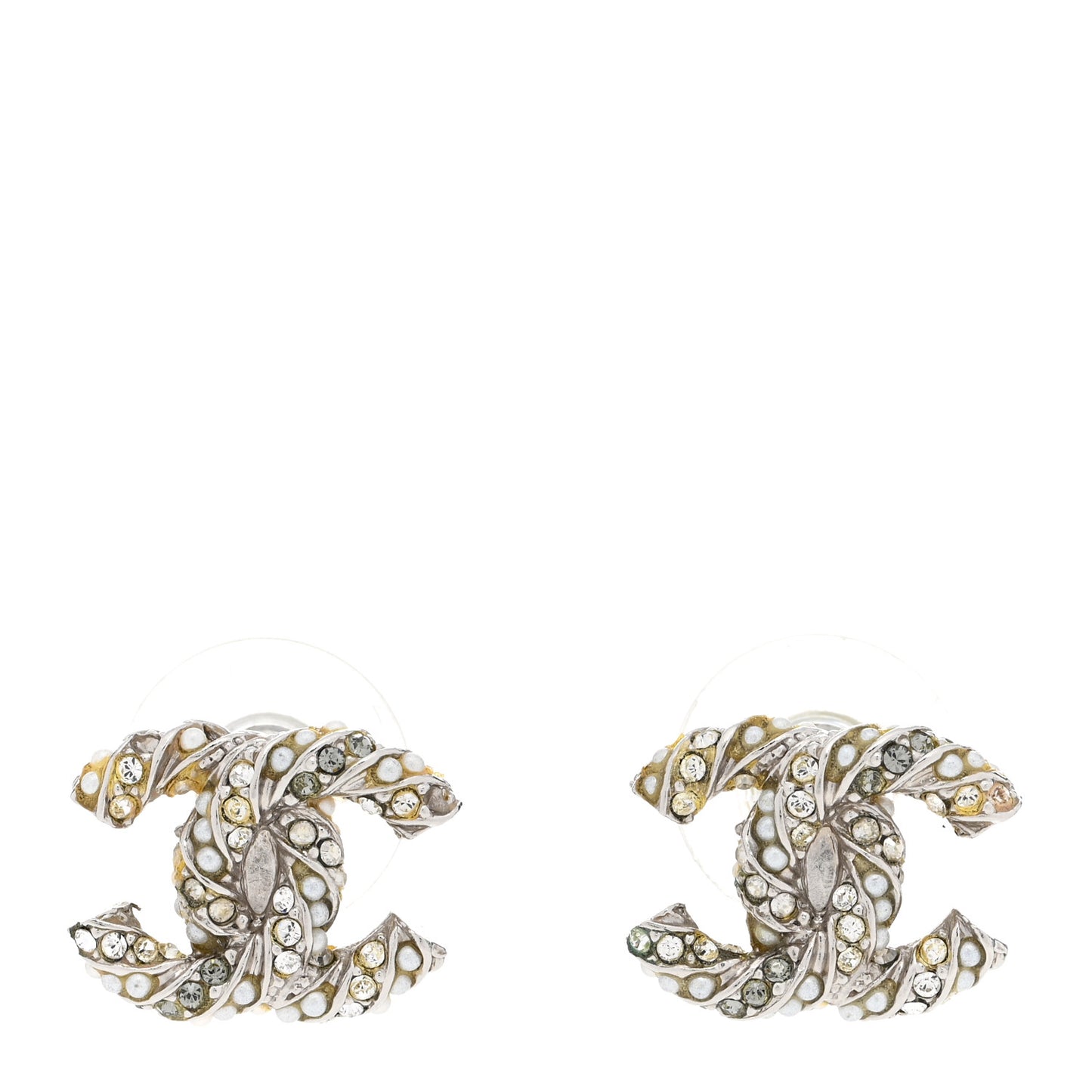 Crystal Pearl Twisted CC Earrings Silver