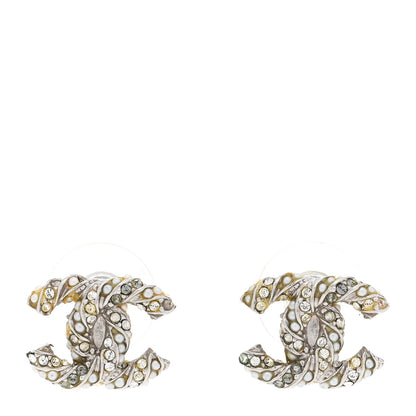 Chanel Crystal Pearl Twisted CC Earrings Silver 1 of 4