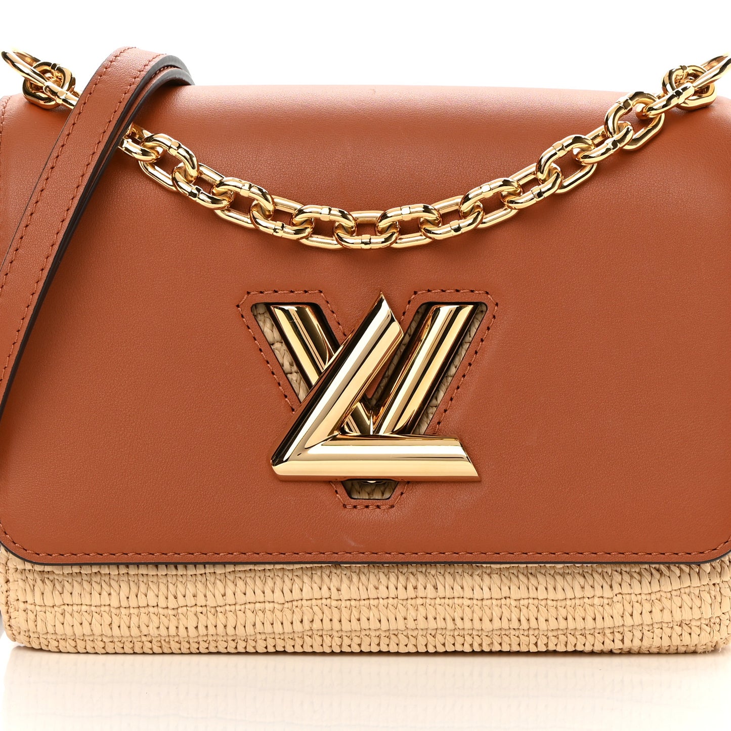 Calfskin Raffia Twist Shoulder Bag MM Caramel