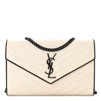Saint Laurent Grain De Poudre Matelasse Monogram Chain Wallet White Black 1 of 17