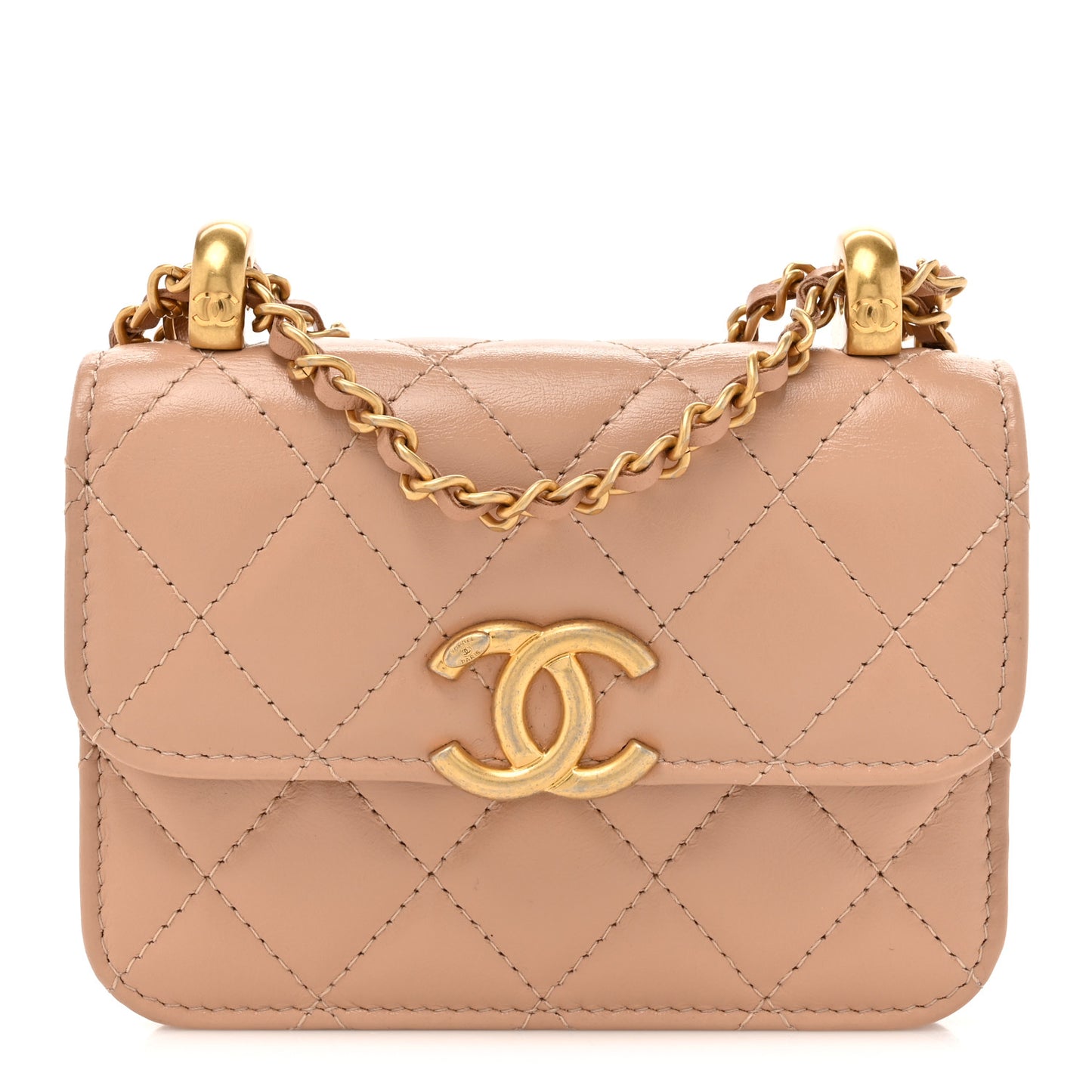 Calfskin Quilted Perfect Fit Coin Purse With Chain Beige