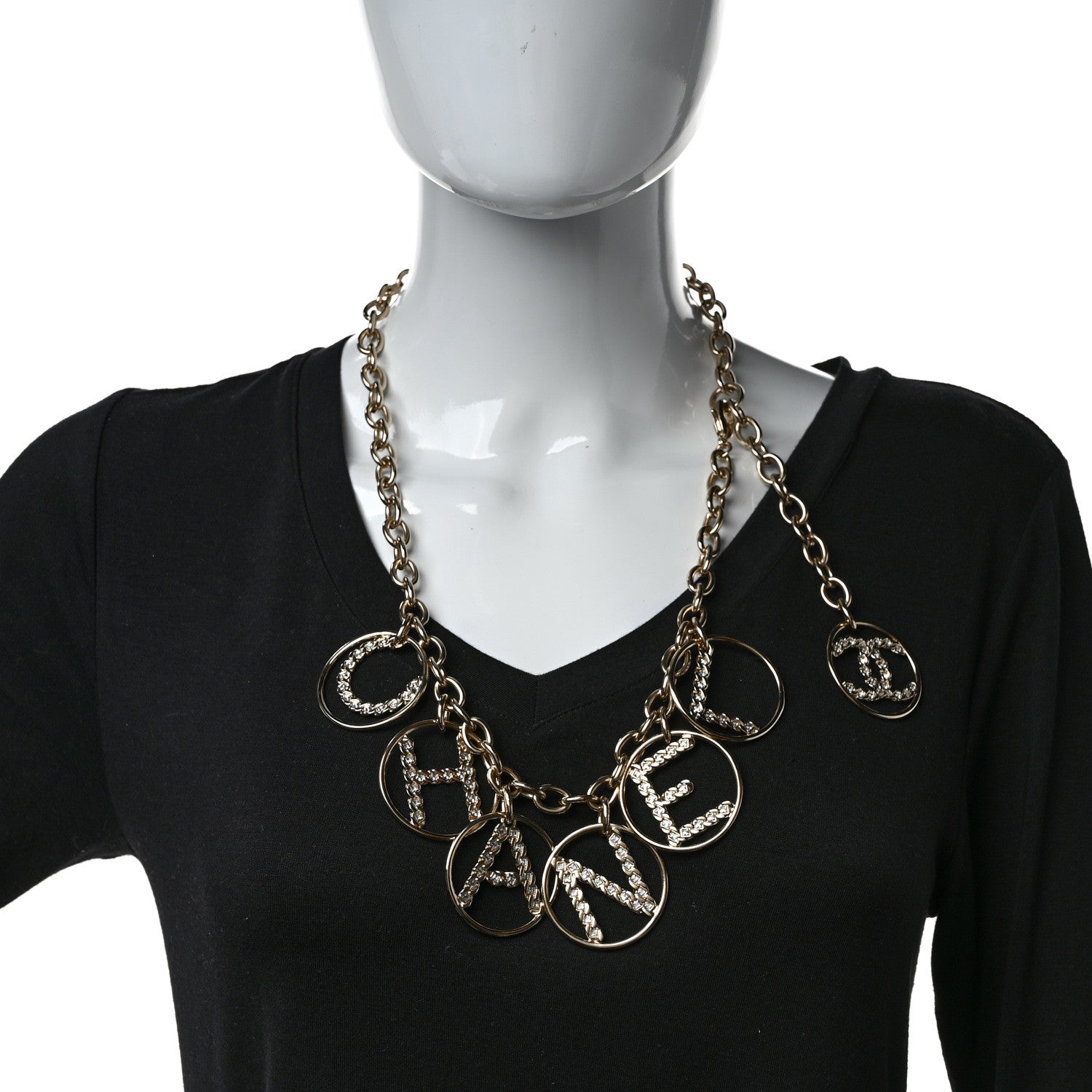 Chanel Metal Strass Crystal Logo Necklace Gold 2 of 5