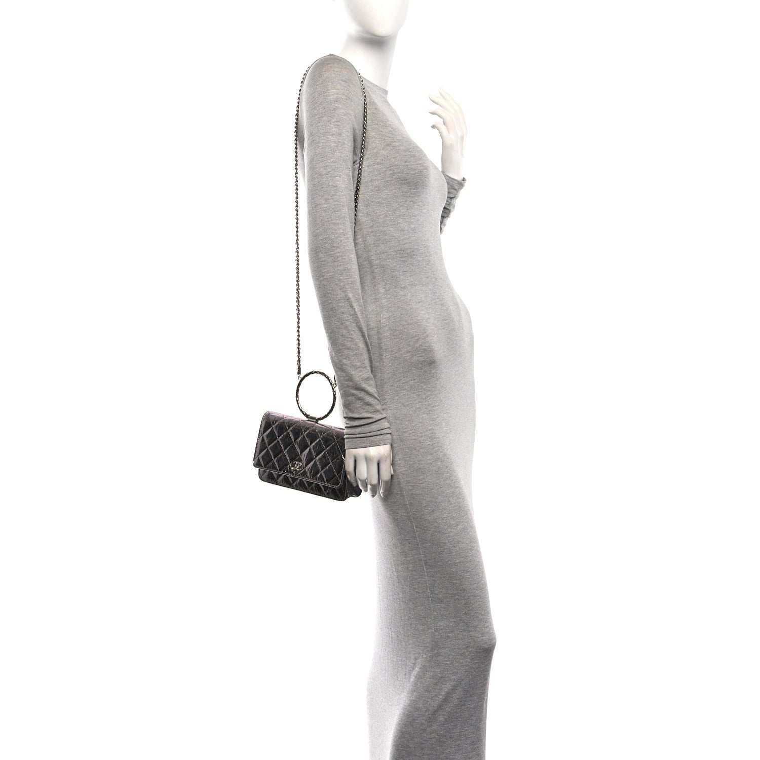 Chanel Crumpled Metallic Calfskin Quilted Ring Handle Wallet on Chain Silver 2 of 11