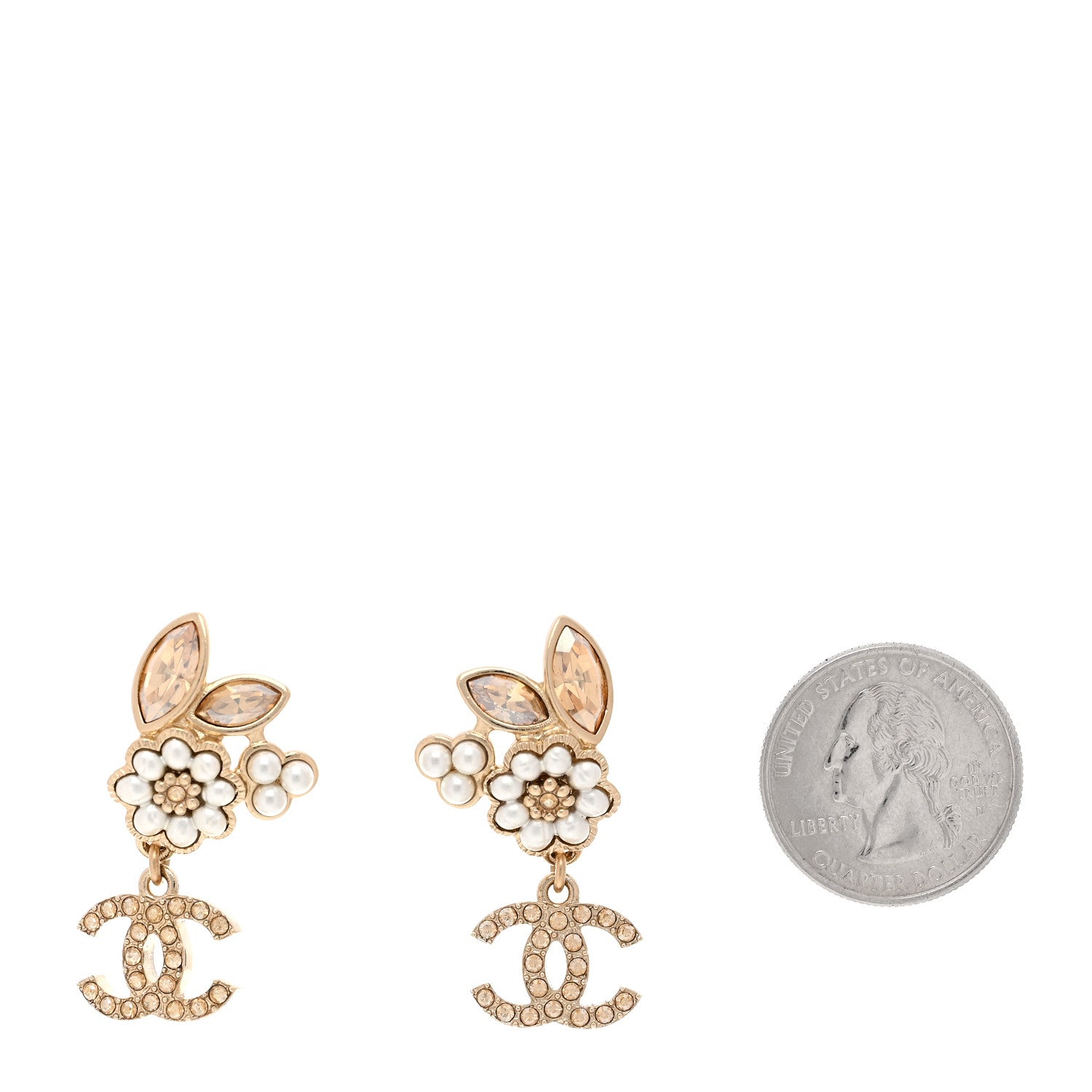 Chanel Pearl Crystal Drop CC Earrings Gold White 2 of 5