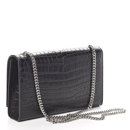 Saint Laurent Calfskin Crocodile Embossed Medium Classic Monogram Kate Satchel Black 3 of 9