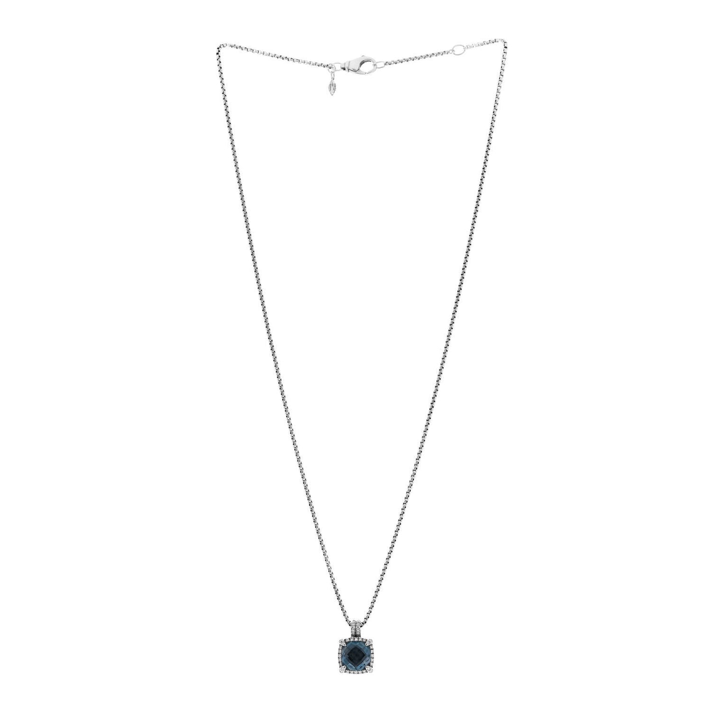 Sterling Silver Diamond Blue Topaz 9mm Chatelaine Pave Bezel Pendant Necklace
