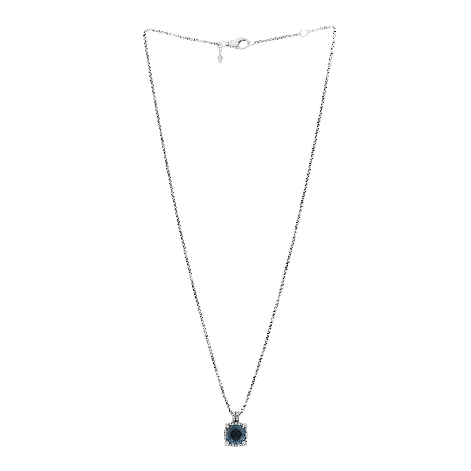 David Yurman Sterling Silver Diamond Blue Topaz 9mm Chatelaine Pave Bezel Pendant Necklace 3 of 6