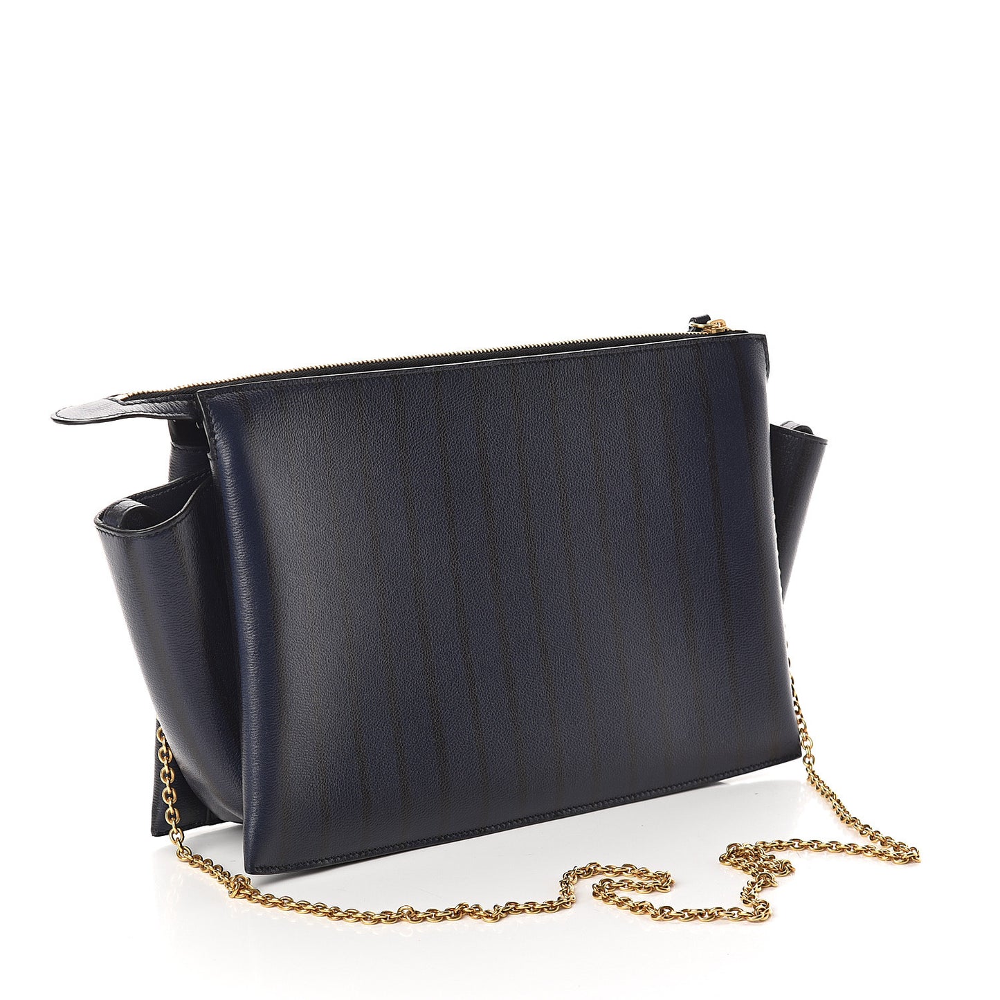 Grained Calfskin Striped Tri-Fold Clutch Midnight