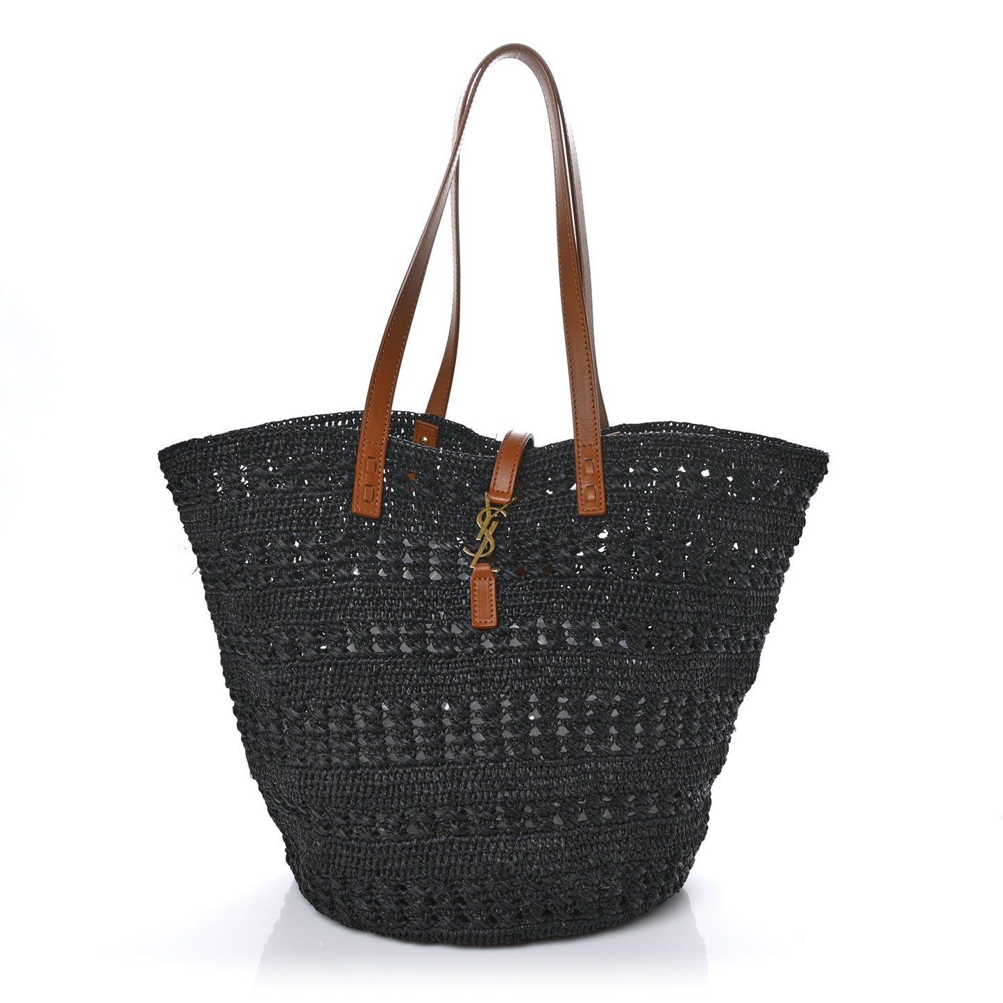 Raffia Calfskin Medium Panier Tote Black