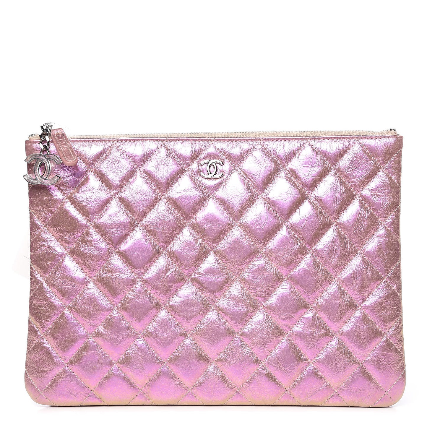 Iridescent Crumpled Calfskin Medium Cosmetic Case Pink