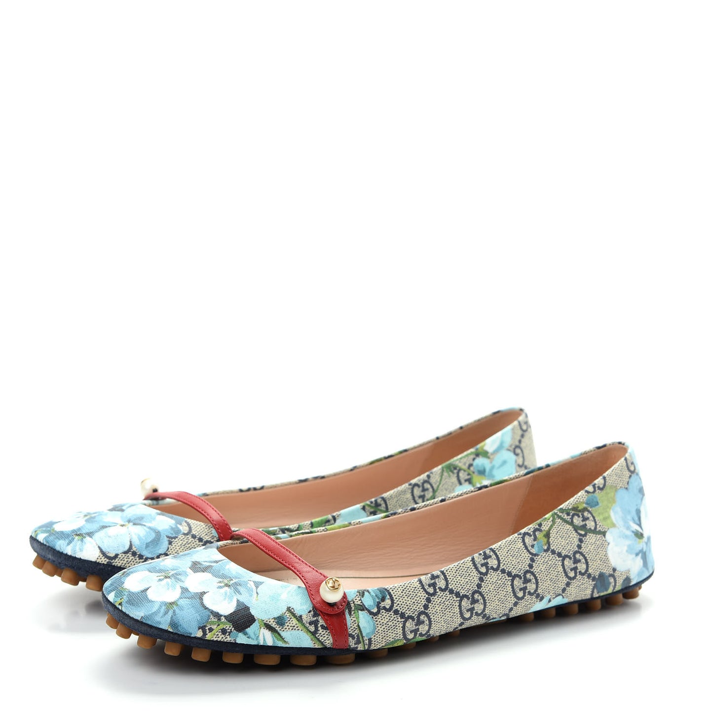 GG Supreme Monogram Blooms Ballet Flats 40 Beige Blue Navy Hibiscus Red