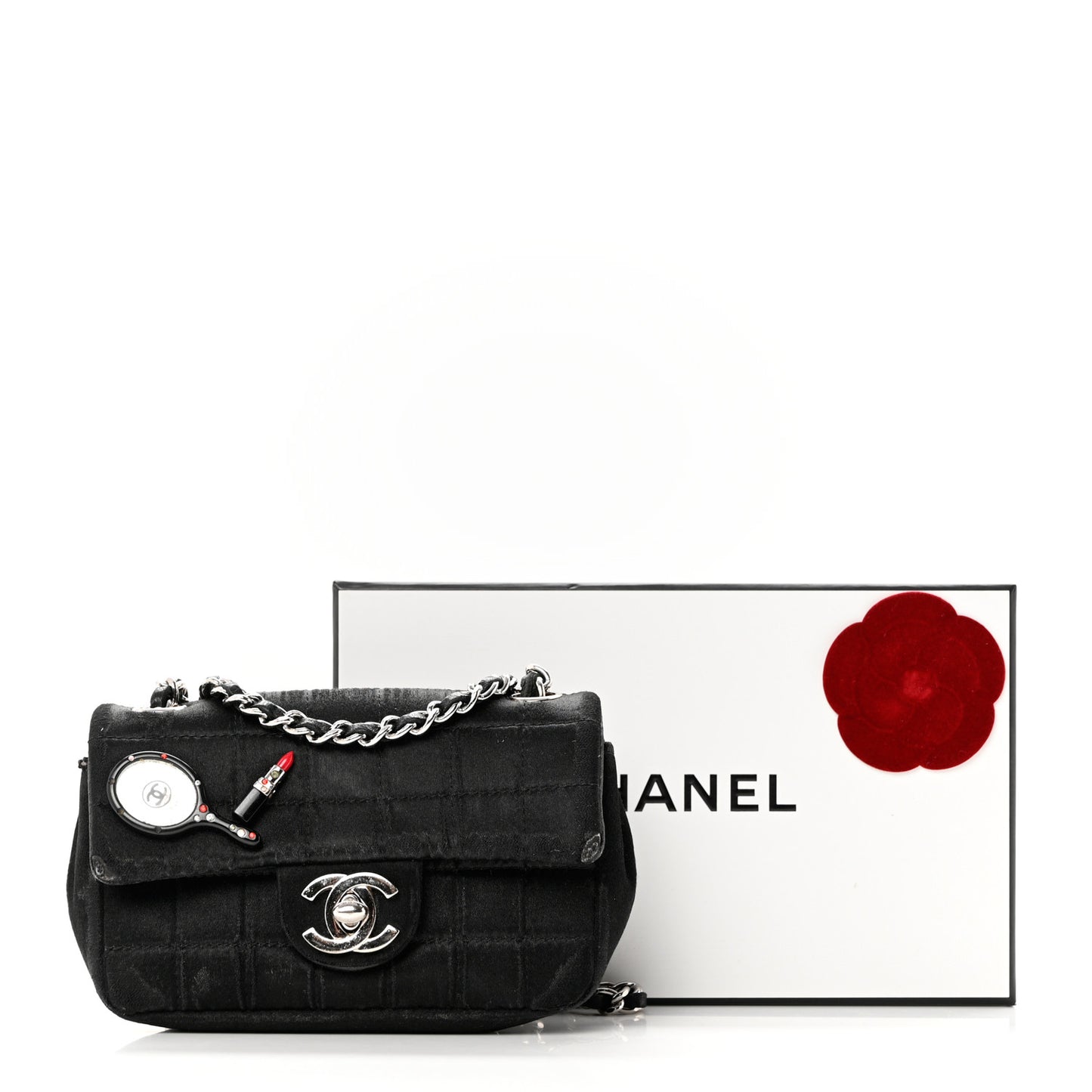 Satin Square Quilted Lipstick Charm Mini Flap Black