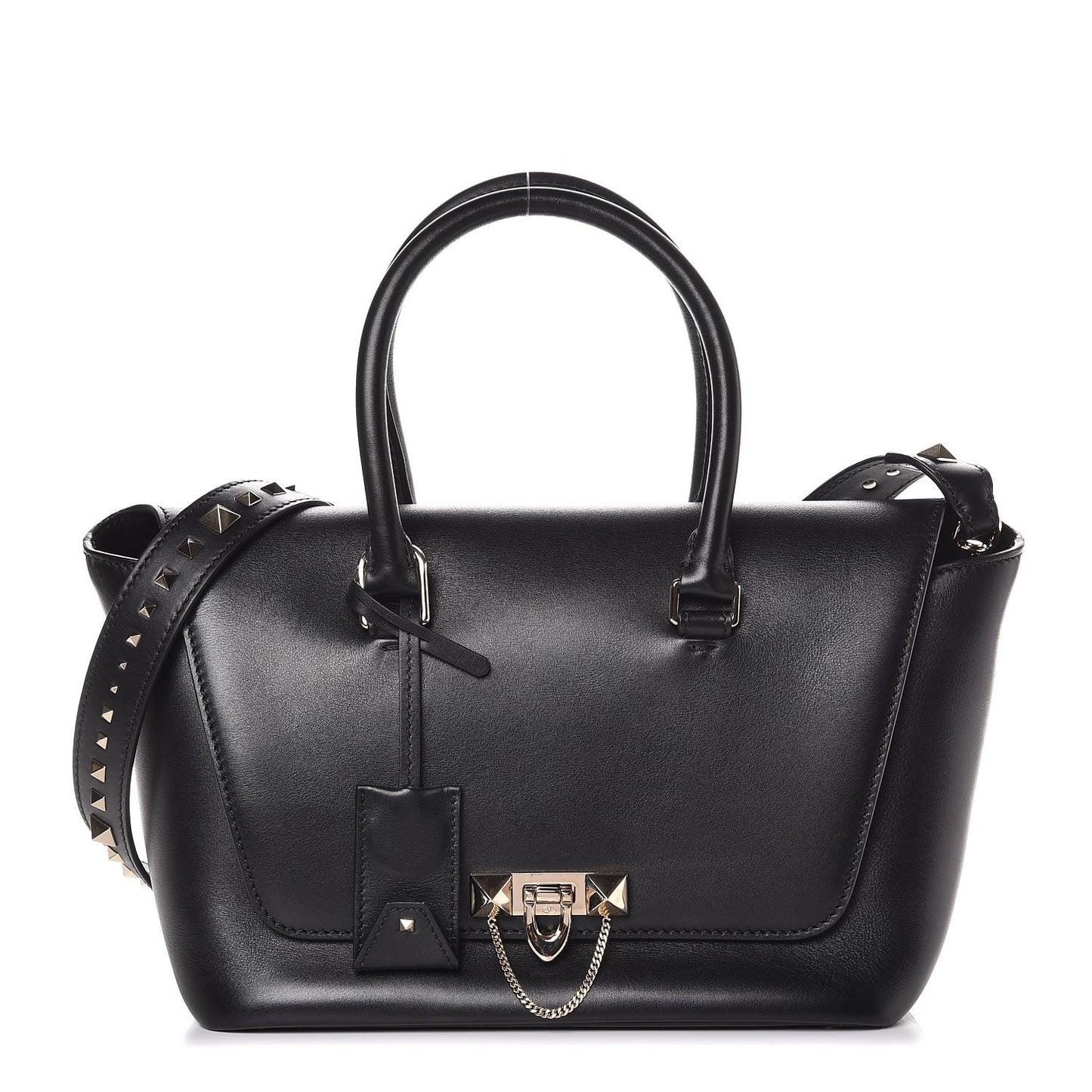 Calfskin Small Rockstud Demilune Double Handle Satchel Black