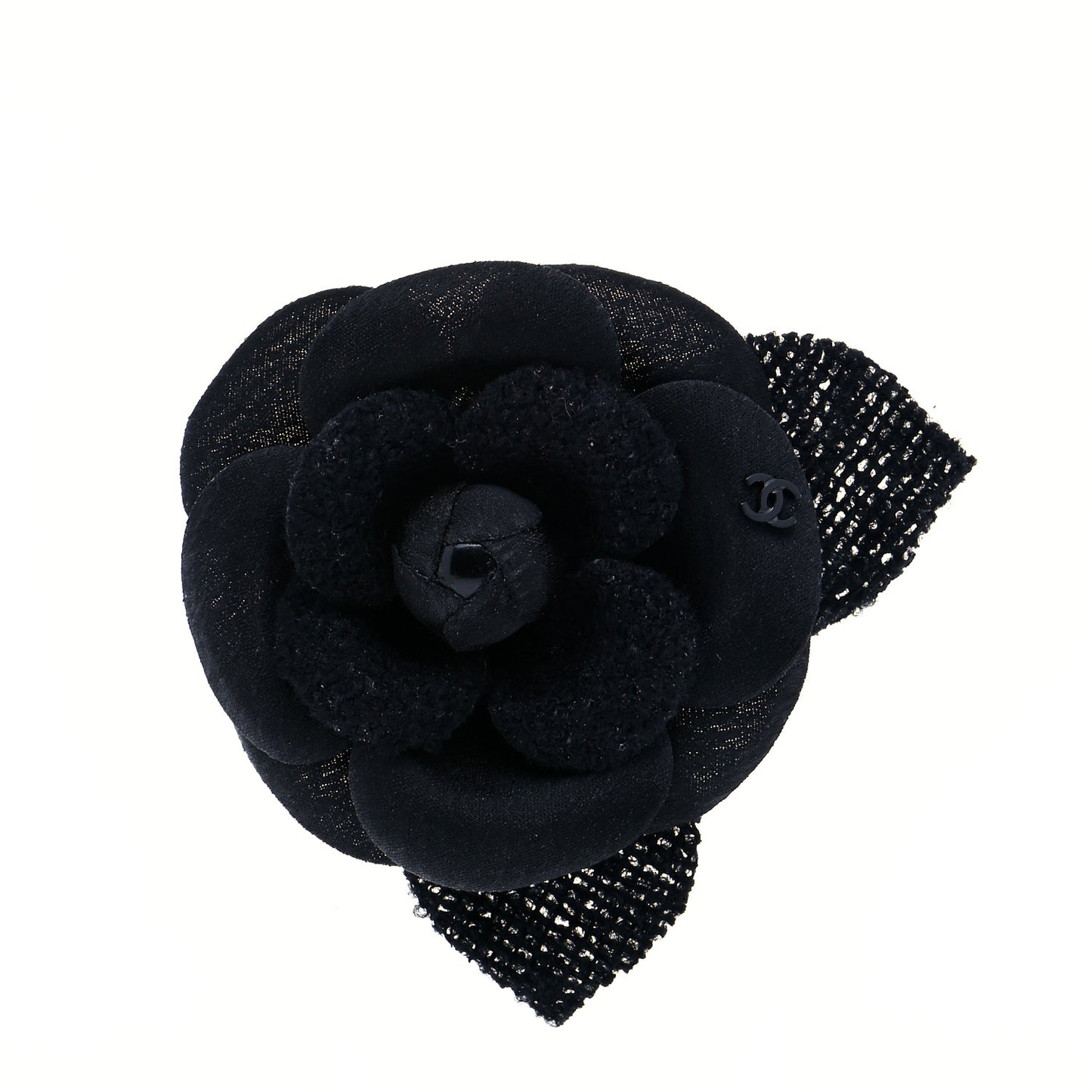 Tweed Camellia Pin Brooch Black