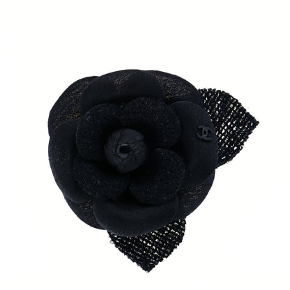 Chanel Tweed Camellia Pin Brooch Black 1 of 5