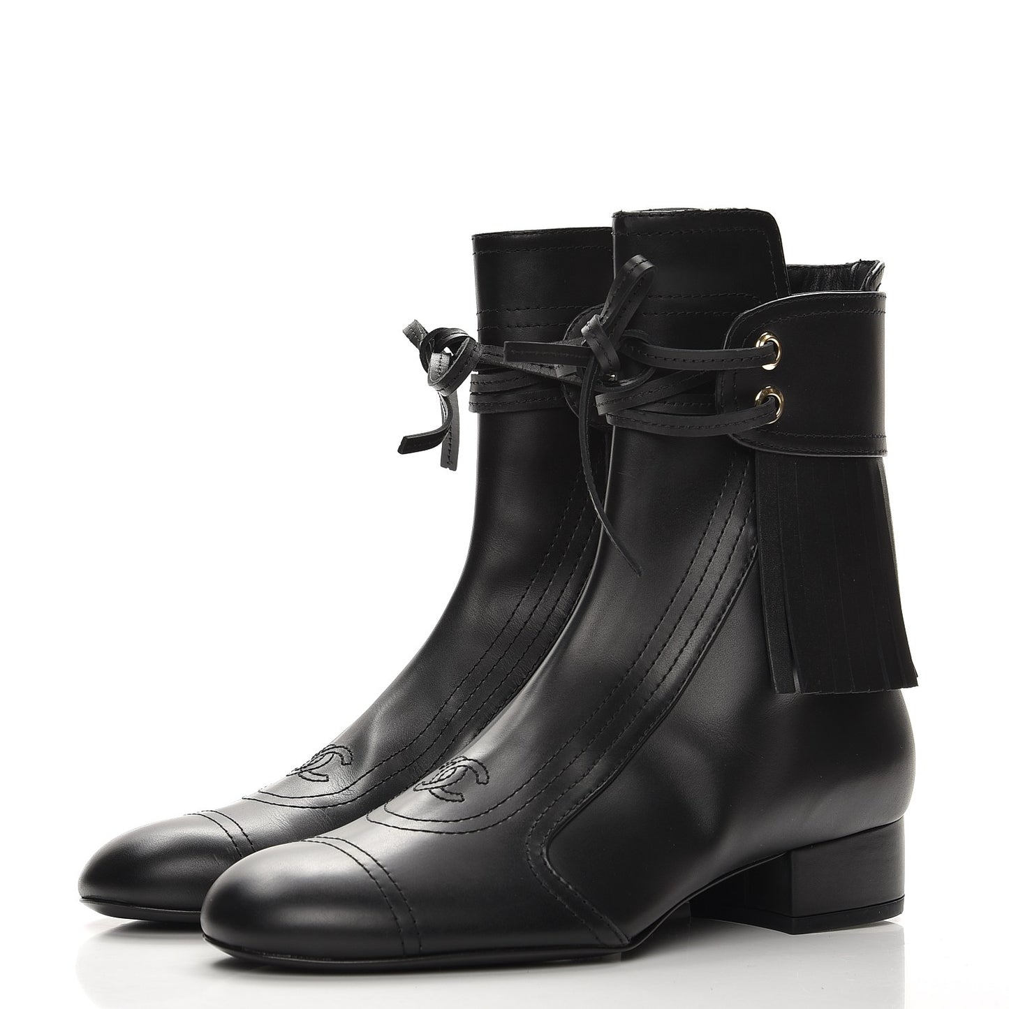 Calfskin Fringe Short Boots 38.5 Black
