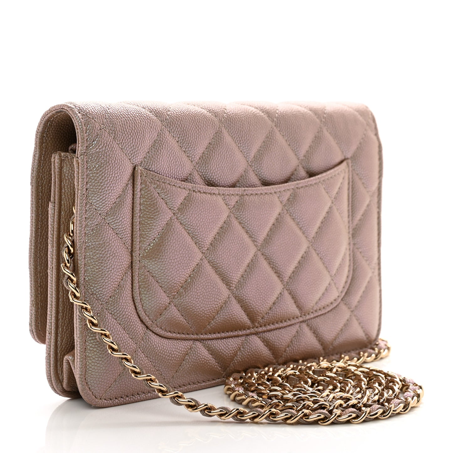 Iridescent Caviar Quilted Wallet On Chain WOC Beige