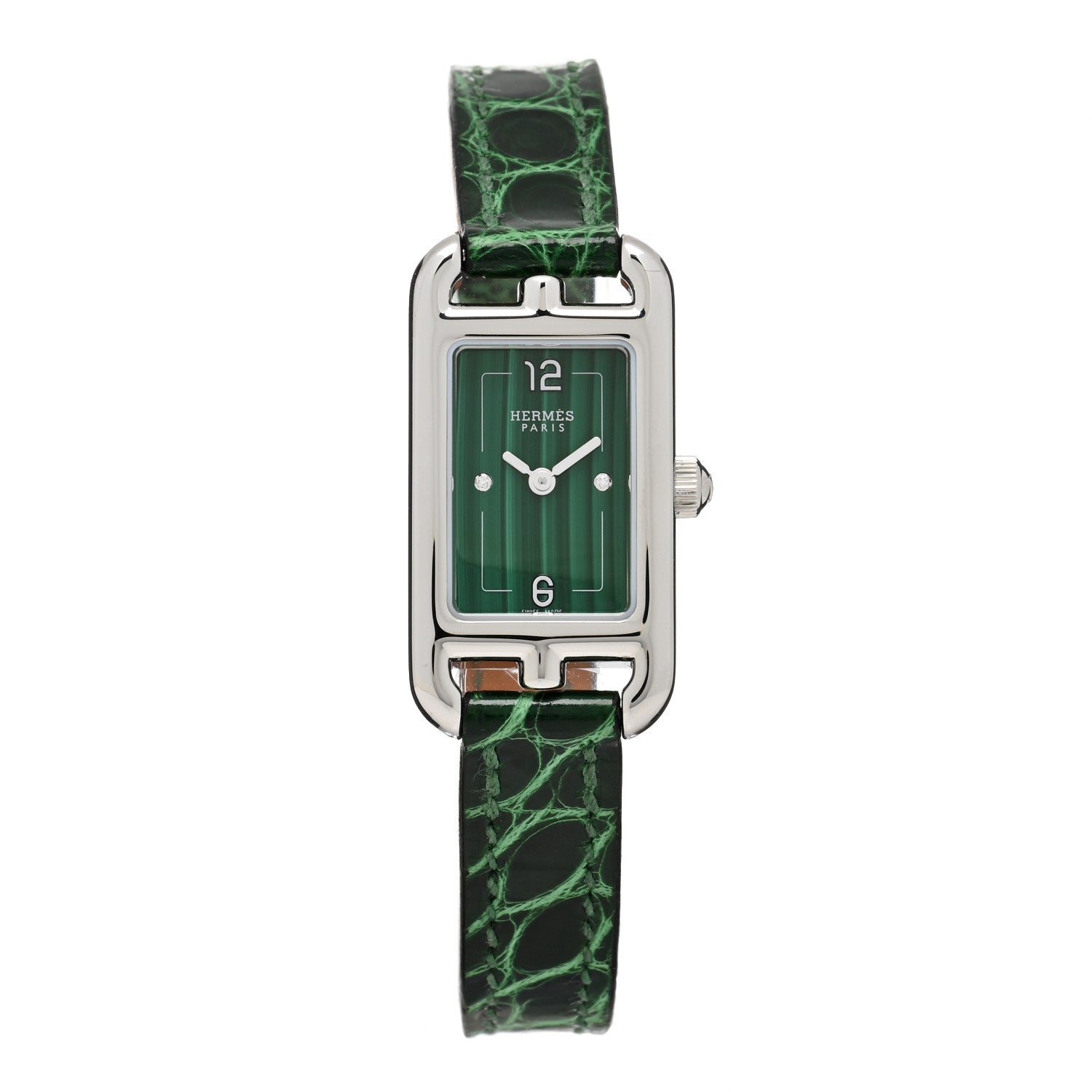 Hermes Stainless Steel Alligator Diamond Malachite 17mm Nantucket Quartz Watch Vert Moyen 1 of 5