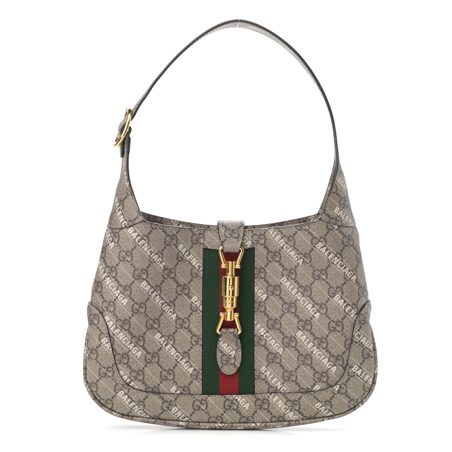 X BALENCIAGA GG Supreme Monogram Striped Logo Print Web Small Jackie 1961 Hobo Beige Ebony Mystic White