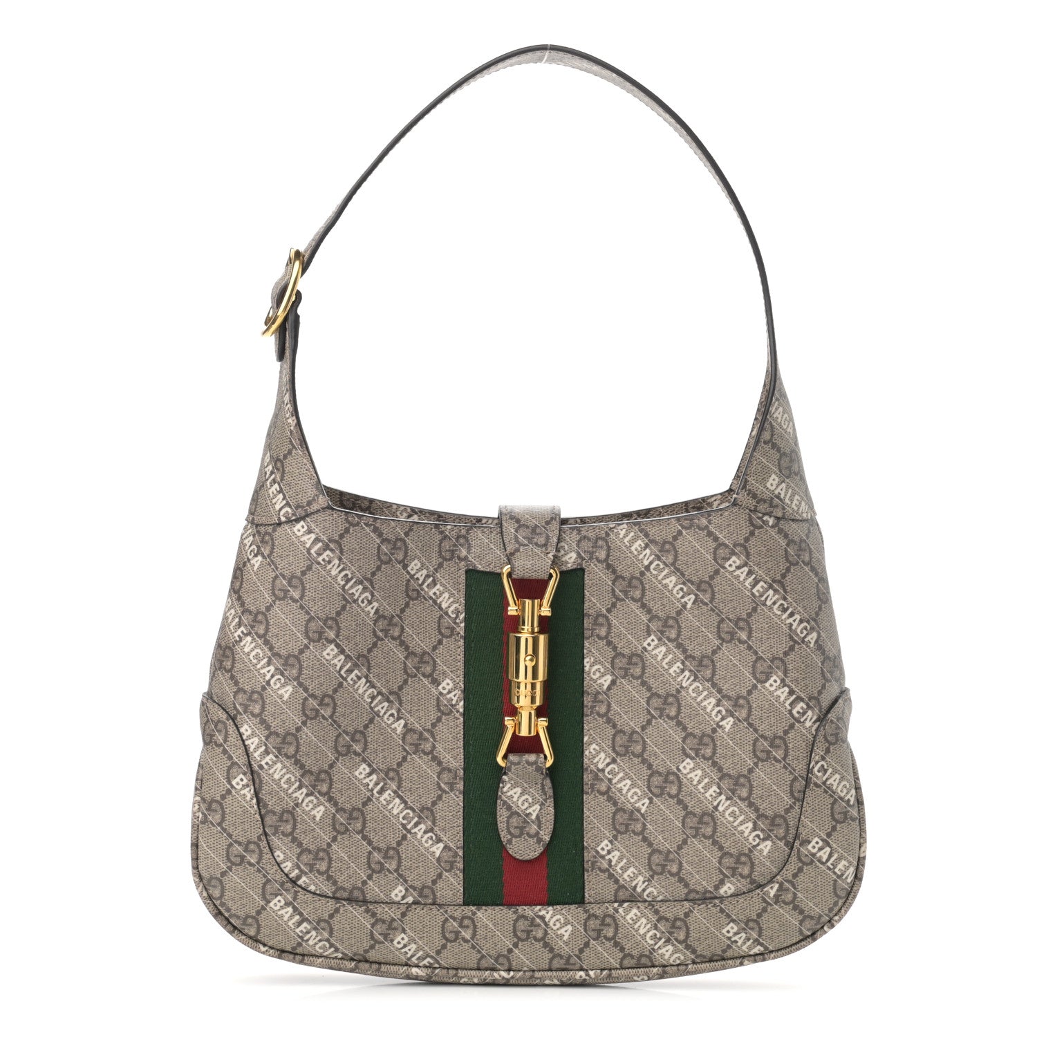 Gucci X BALENCIAGA GG Supreme Monogram Striped Logo Print Web Small Jackie 1961 Hobo Beige Ebony Mystic White 1 of 11