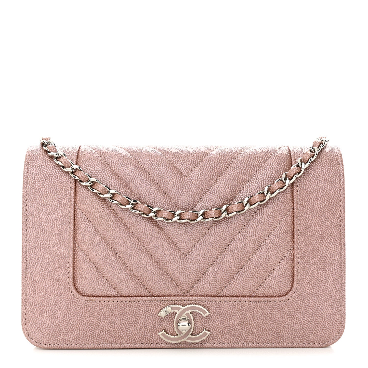 Chanel Metallic Caviar Chevron Quilted Vintage Mademoiselle Wallet On Chain WOC Pink 1 of 13