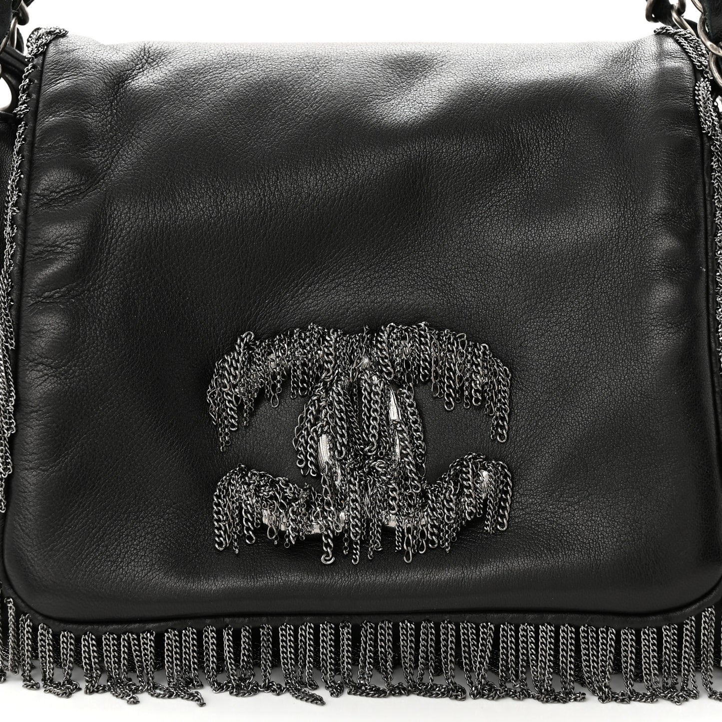 Lambskin Rock And Cabaret Chain Fringe Accordion Flap Black