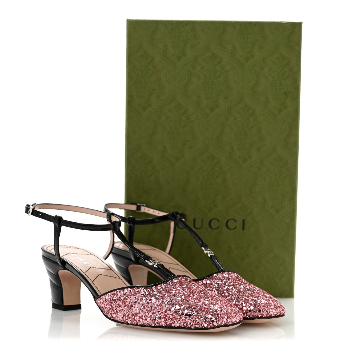 Gucci Calfskin Glitter Double G 55mm Slingback Pumps 36 Black Pink Glitter 10 of 10
