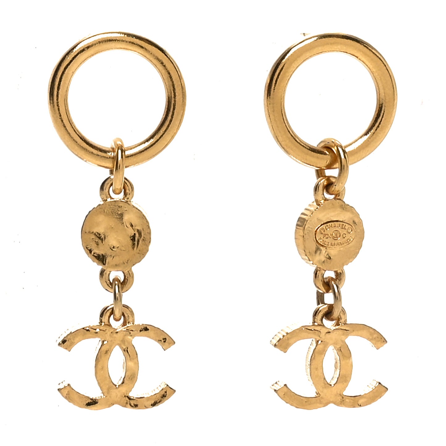 Metal Textured Disc CC Drop Earrings Gold