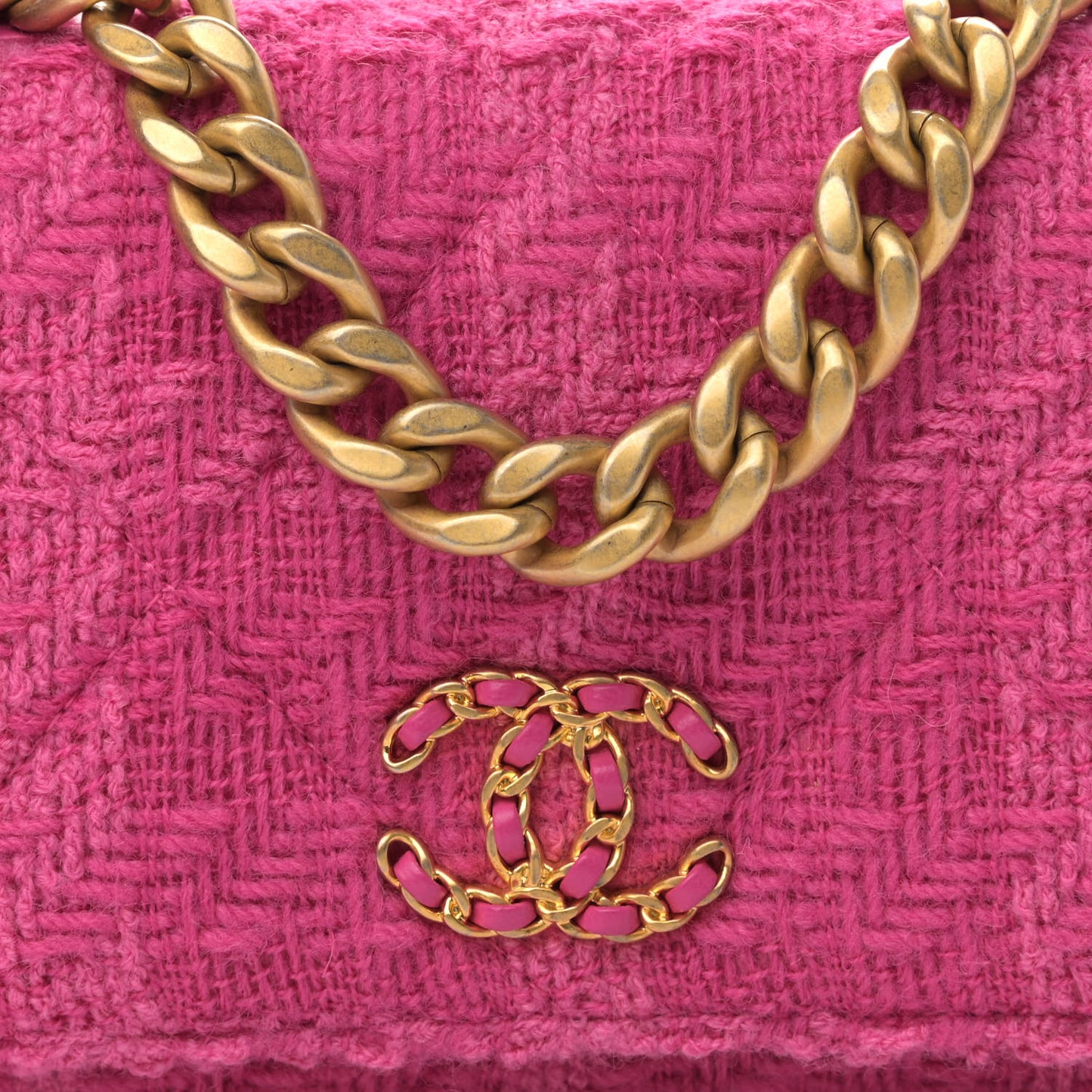 Wool Tweed Lambskin Quilted Chanel 19 Wallet On Chain WOC and Coin Purse Fuchsia