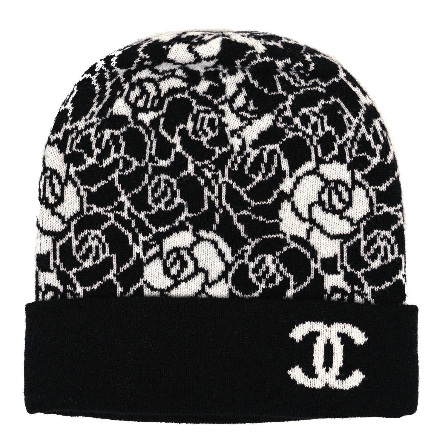 Chanel Cashmere CC Camellia Beanie Hat Black White 1 of 3