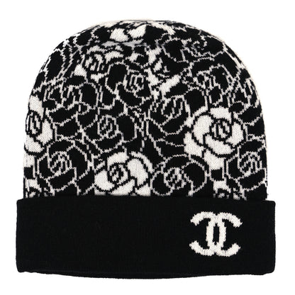 Chanel Cashmere CC Camellia Beanie Hat Black White 1 of 3