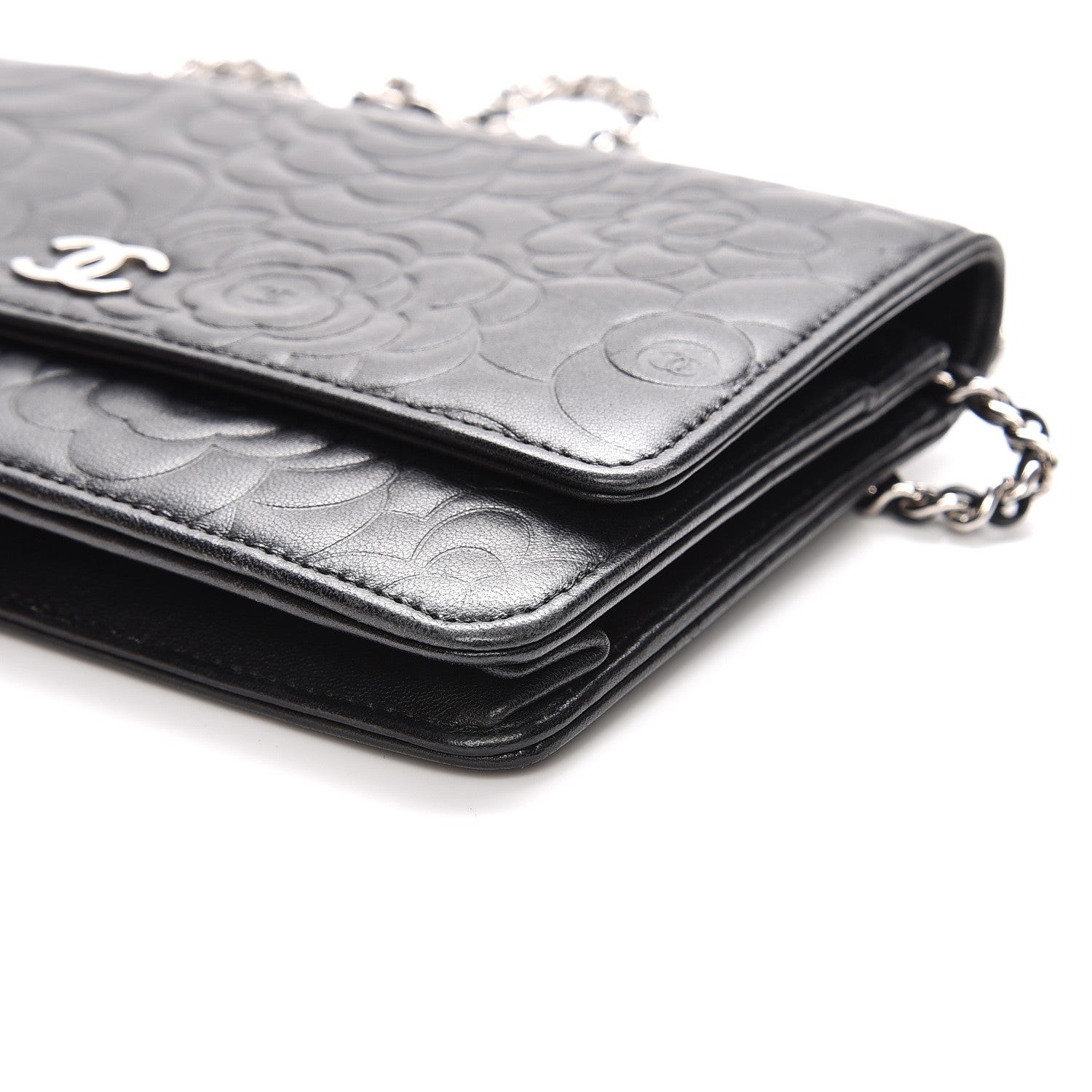 Chanel Lambskin Camellia Embossed Wallet On Chain WOC Black 10 of 10