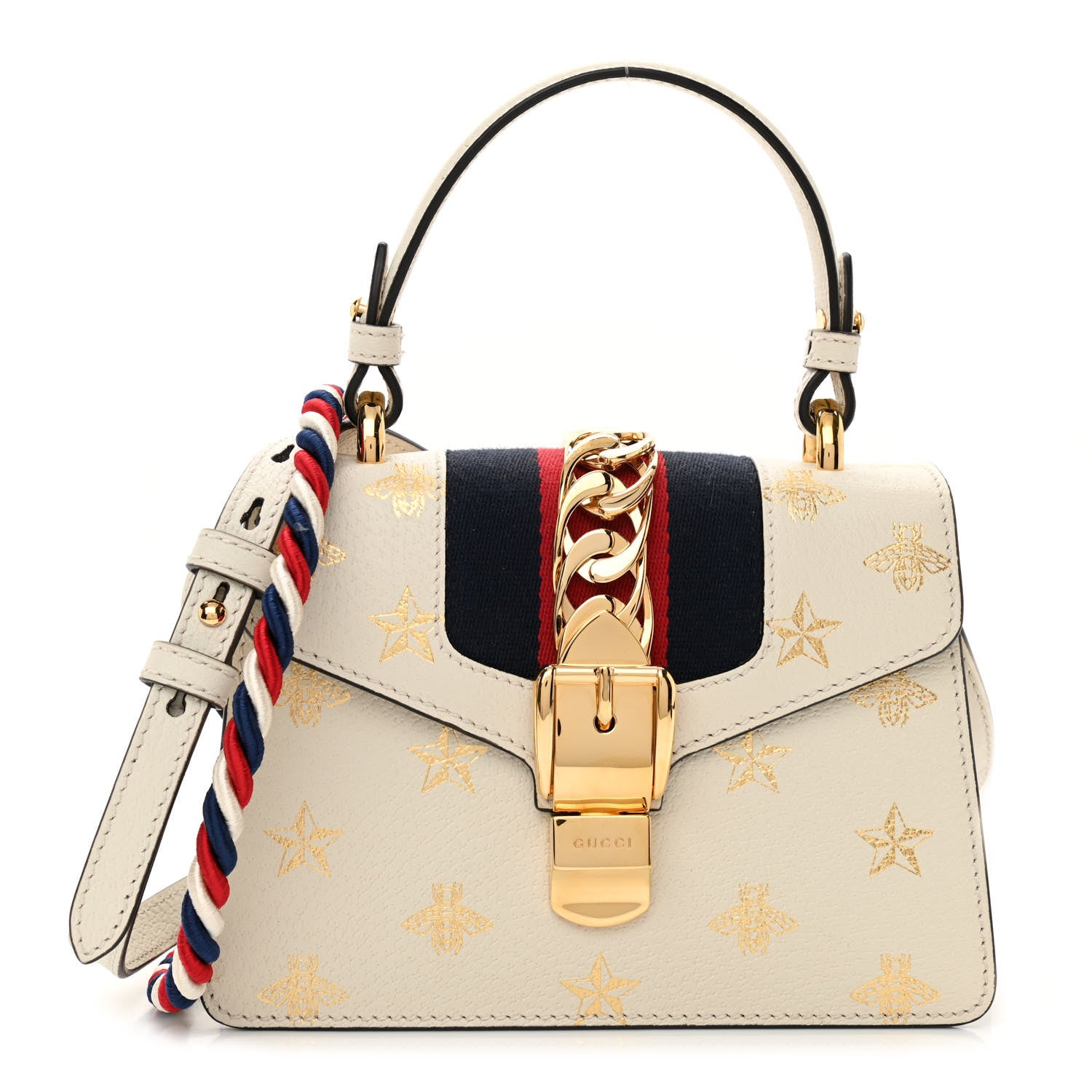 Gucci Textured Calfskin Bee Star Print Mini Sylvie Top Handle Bag Mystic White 1 of 9