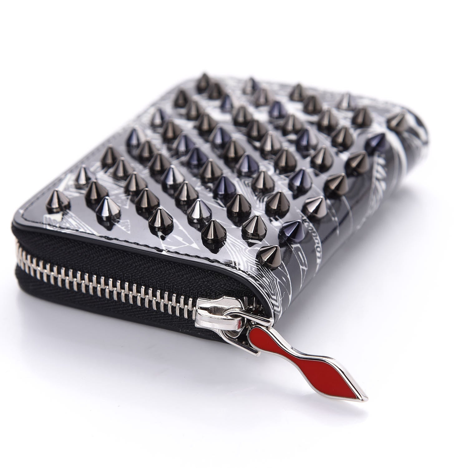 Christian Louboutin Patent Nicograf Spiked Panettone Coin Purse Black White 12 of 14
