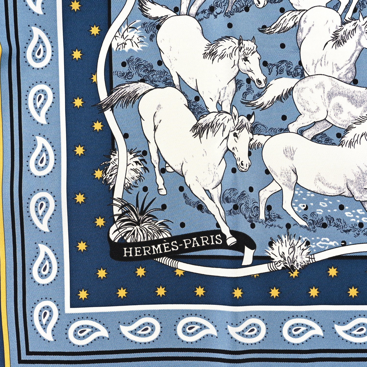 Hermes Silk Les Mustangs Bandana 55 Bleu Jean Jaune Black 2 of 4