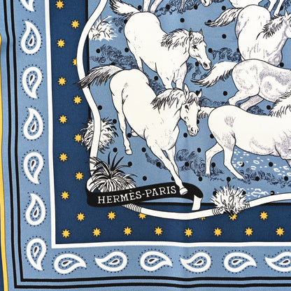 Hermes Silk Les Mustangs Bandana 55 Bleu Jean Jaune Black 2 of 4