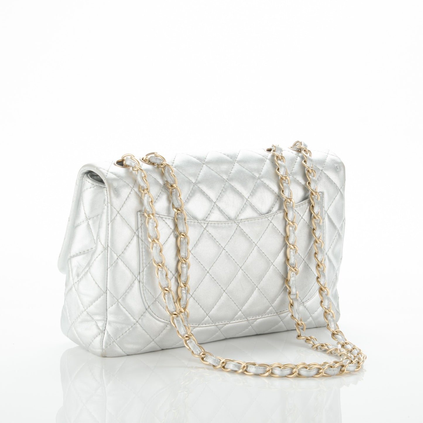 Metallic Lambskin Quilted Jumbo Single Flap Silver