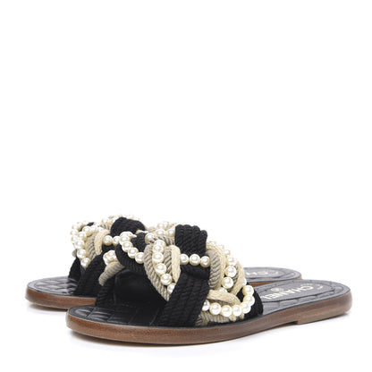 Chanel Lambskin Pearl Cord CC Mules 35 Black Beige 3 of 9