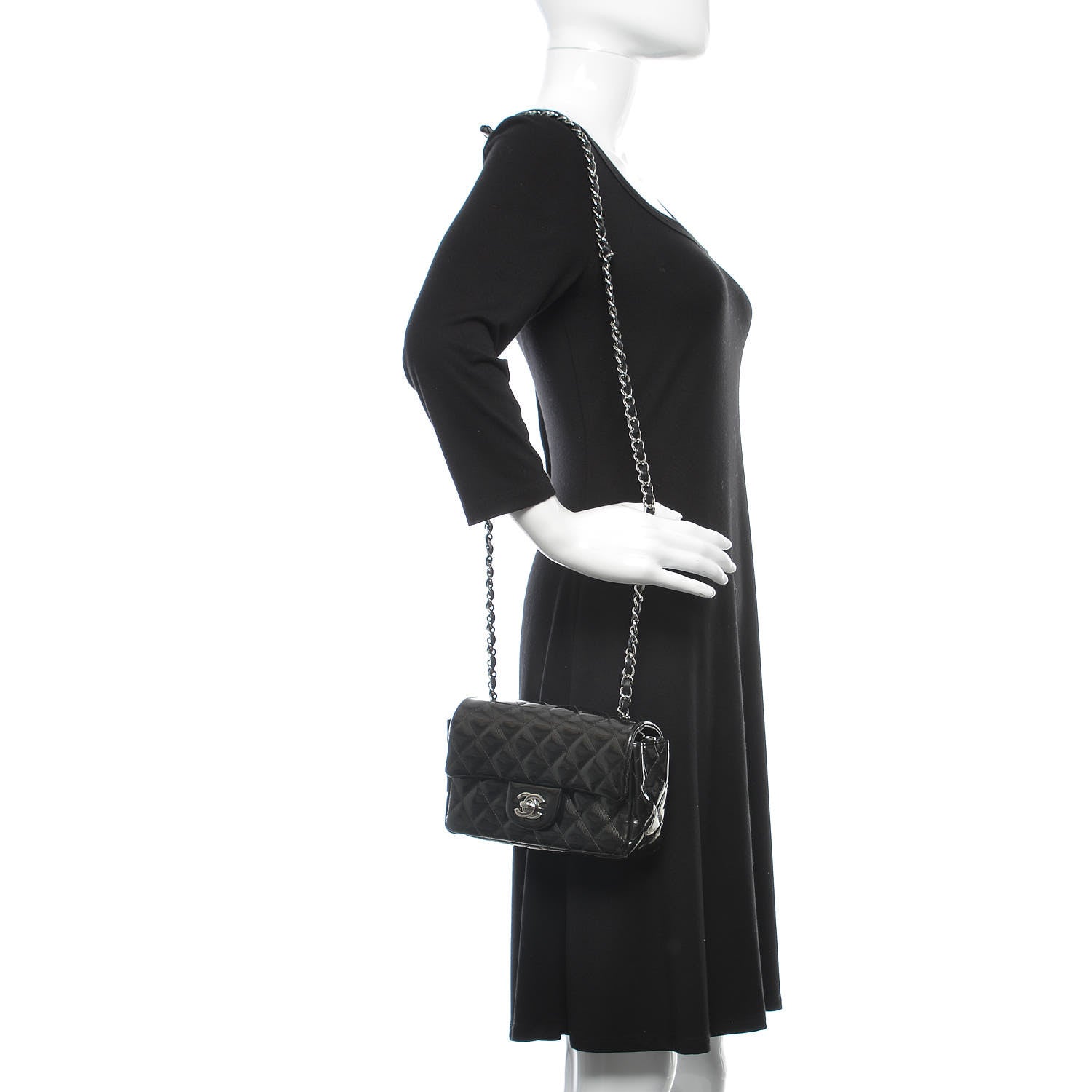 Chanel Striated Patent Calfskin Quilted Mini Rectangular Flap Dark Grey 2 of 15