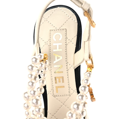 Chanel Lambskin Grosgrain Cap Toe Pearl Slingbacks Pumps 37.5 Ivory Black 9 of 10