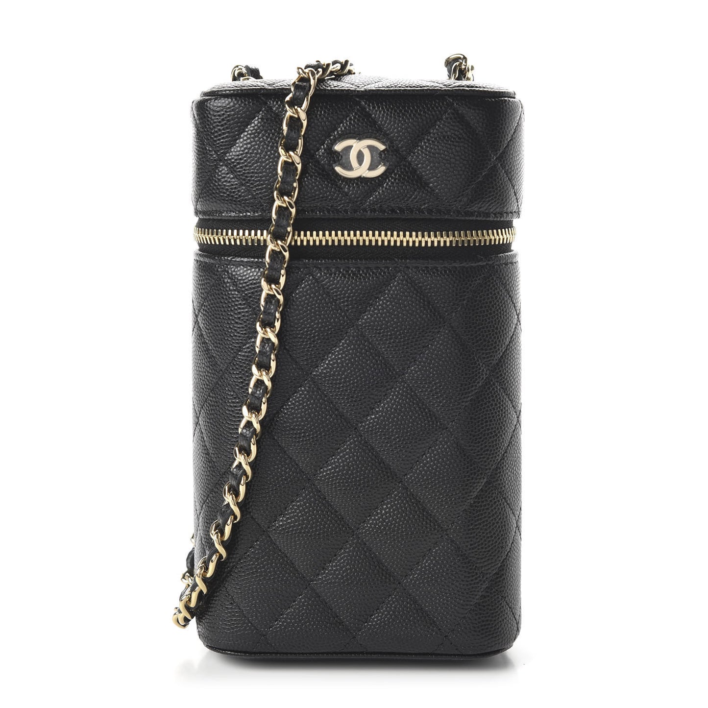 Caviar Quilted Phone Holder With Chain Black