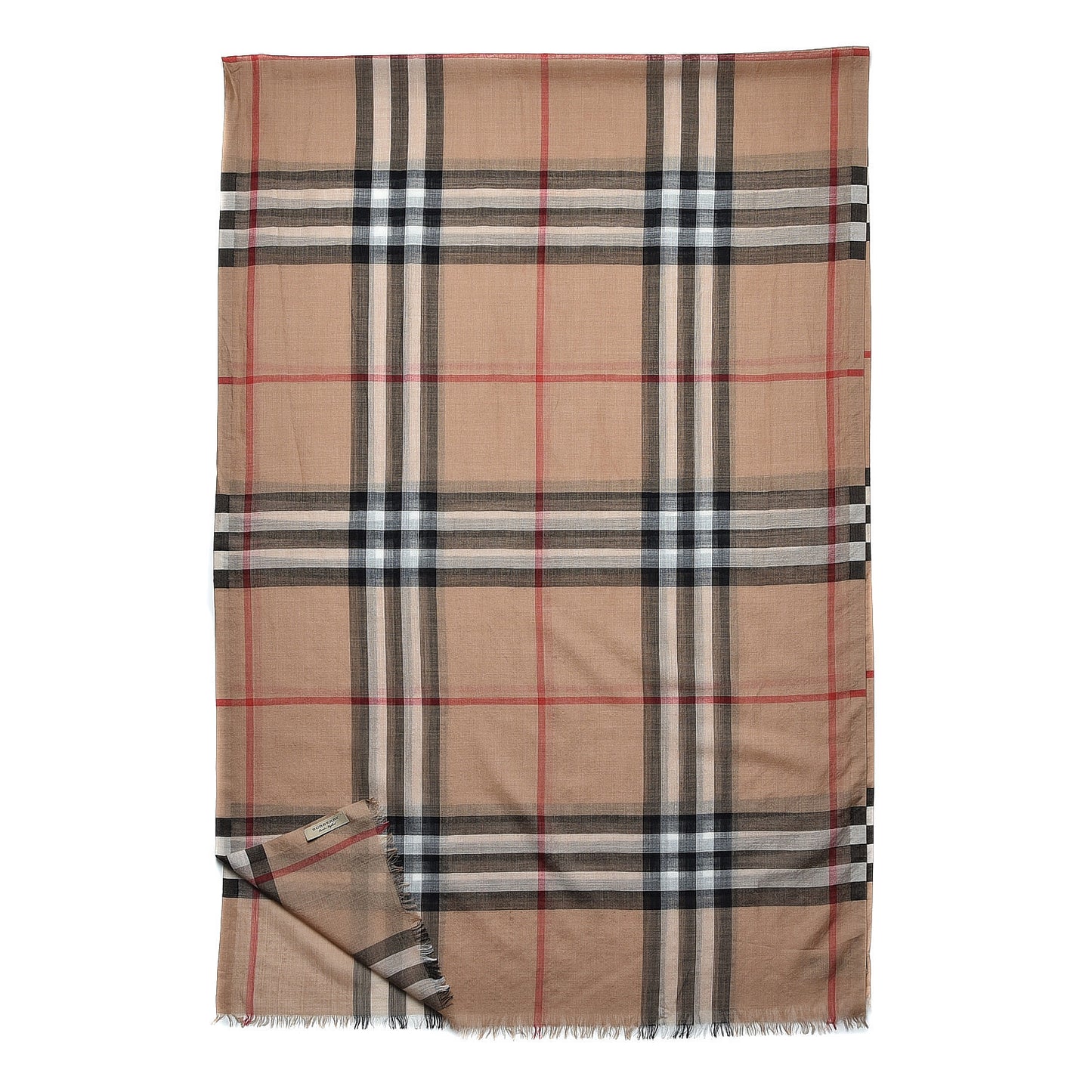 Wool Silk Giant Check Gauze Scarf Camel