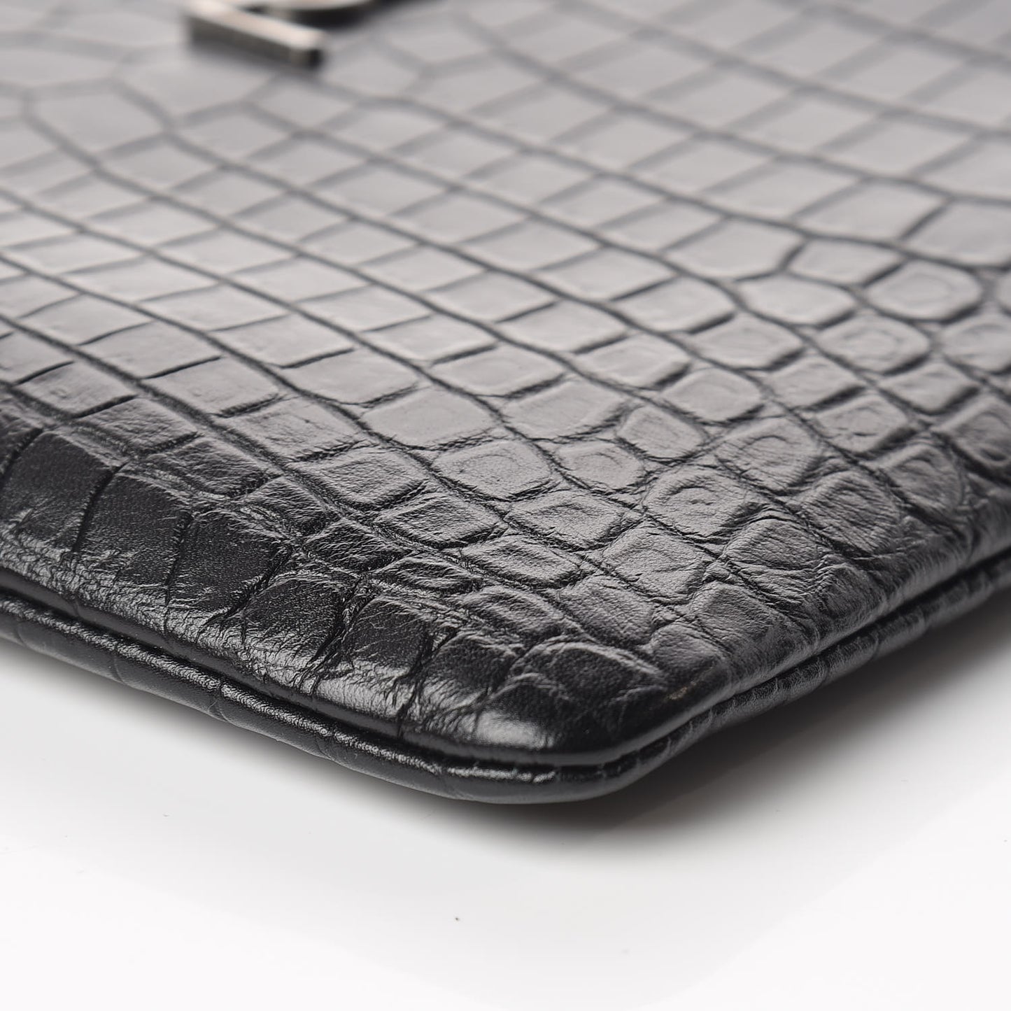 Calfskin Crocodile Embossed Monogram Zip Pouch Black